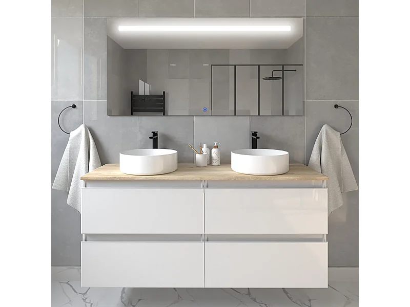 Meuble de salle de bain avec vasques rondes BALEA et miroir Led STAM - Blanc - 120cm