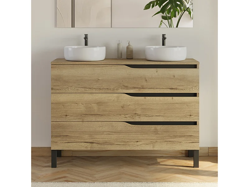 Meuble de salle de bain 120cm avec plateau et 2 vasques à poser Ares - 3 tiroirs - sans miroir - madera miel (bois clair) - MATA