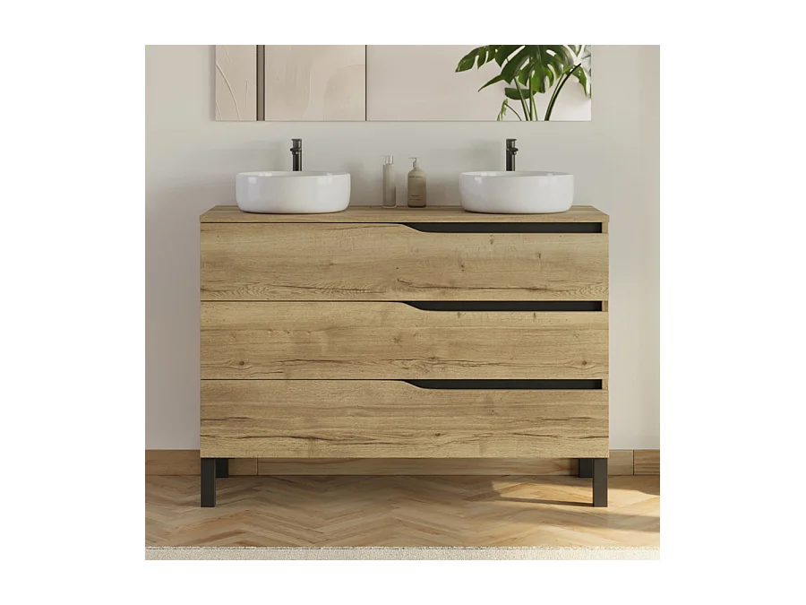 Meuble de salle de bain 120cm avec plateau et 2 vasques à poser Ares - 3 tiroirs - sans miroir - madera miel (bois clair) - MATA