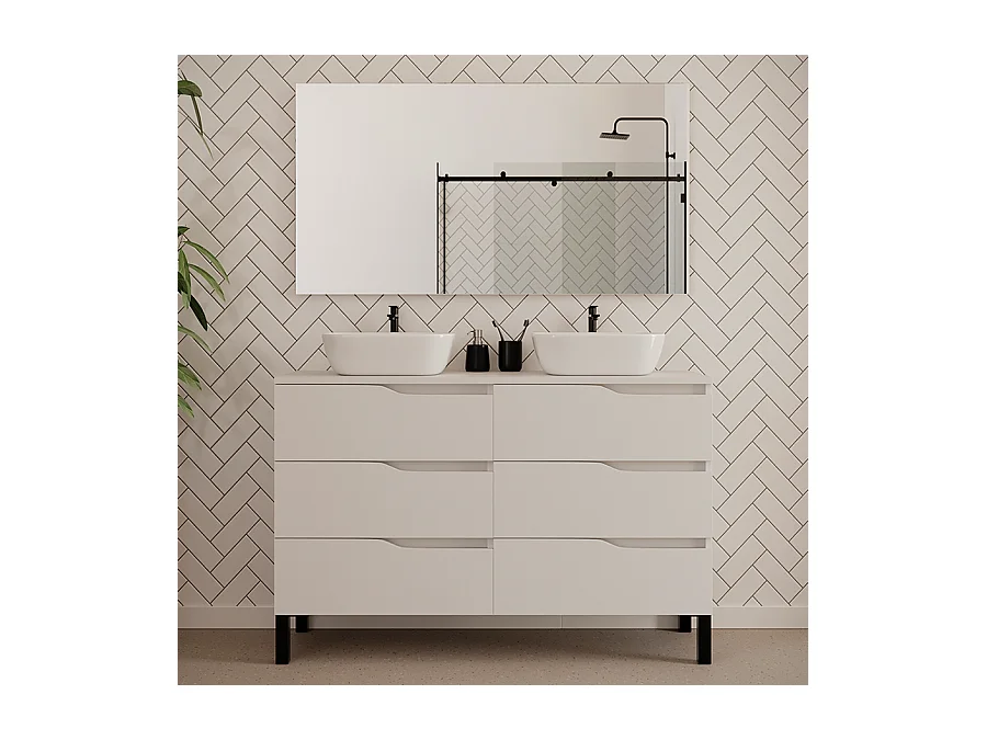 Meuble de salle de bain 120cm avec plateau et deux vasques à poser zeus - 6 tiroirs - blanc - MATA