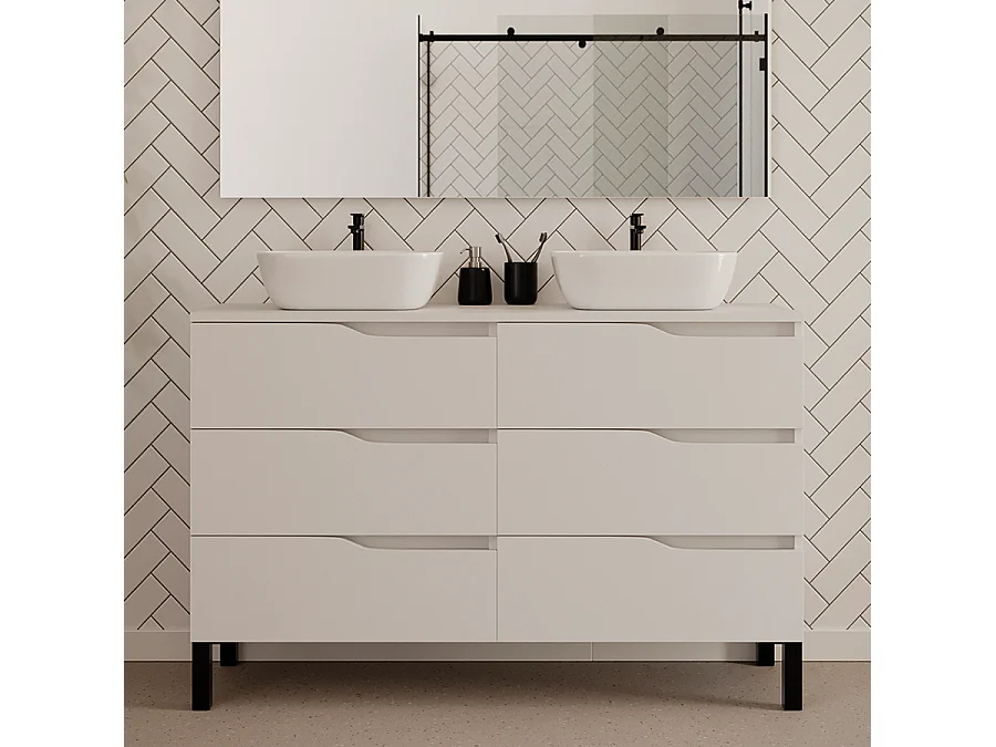 Meuble de salle de bain 120cm avec plateau et deux vasques à poser zeus - 6 tiroirs - blanc - MATA