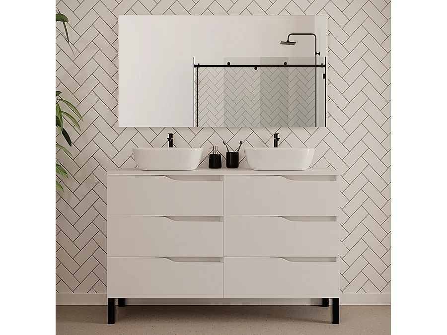 Meuble de salle de bain 120cm avec plateau et deux vasques à poser zeus - 6 tiroirs - blanc - MATA