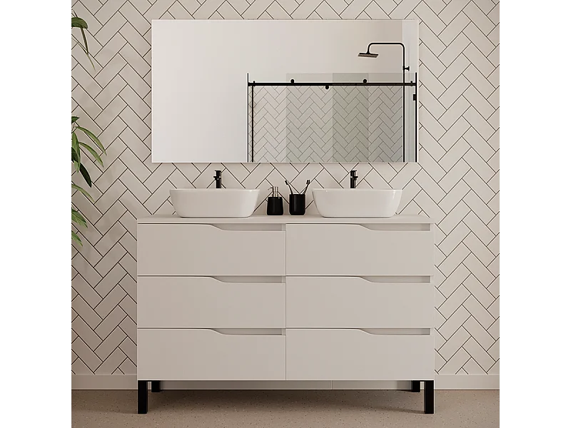 Meuble de salle de bain 120cm avec plateau et deux vasques à poser zeus - 6 tiroirs - blanc - MATA