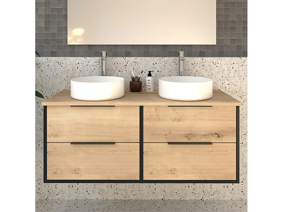 Meuble de salle de bain sans miroir avec vasques à poser rondes ALBA - Noir - 120cm