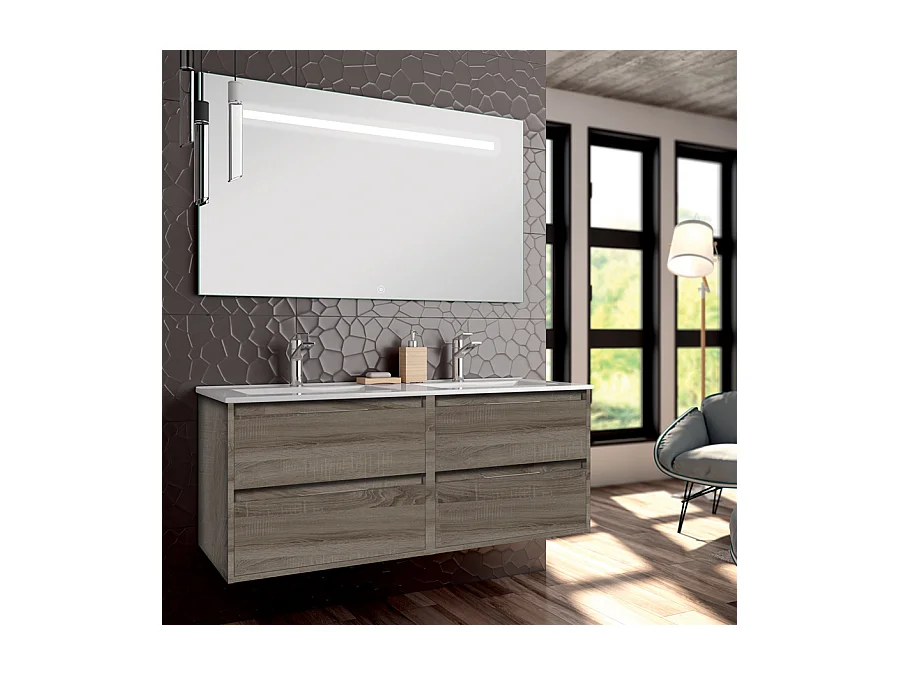 Meuble de salle de bain double vasque - 4 tiroirs - IRIS et miroir Led STAM - britannia (chêne foncé) - 120cm