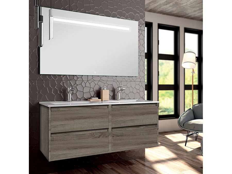 Meuble de salle de bain double vasque - 4 tiroirs - IRIS et miroir Led STAM - britannia (chêne foncé) - 120cm