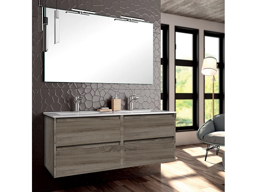 Meuble de salle de bain double vasque - 4 tiroirs - IRIS et miroir Led STAM - britannia (chêne foncé) - 120cm