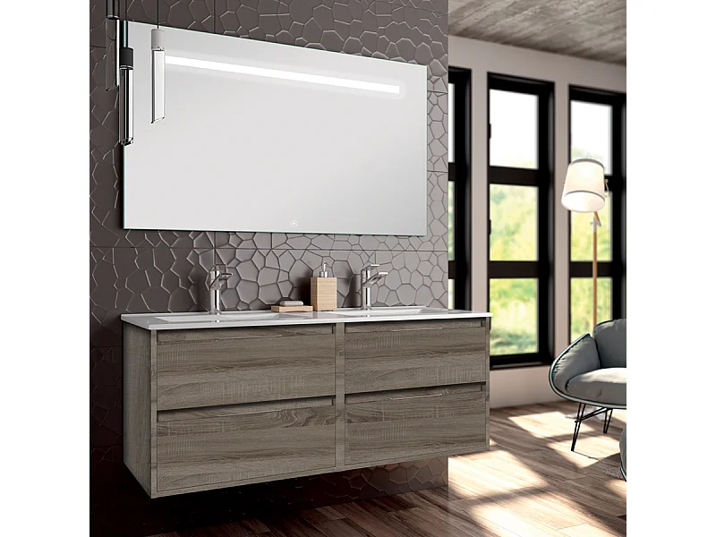 Meuble de salle de bain double vasque - 4 tiroirs - IRIS et miroir Led STAM - britannia (chêne foncé) - 120cm