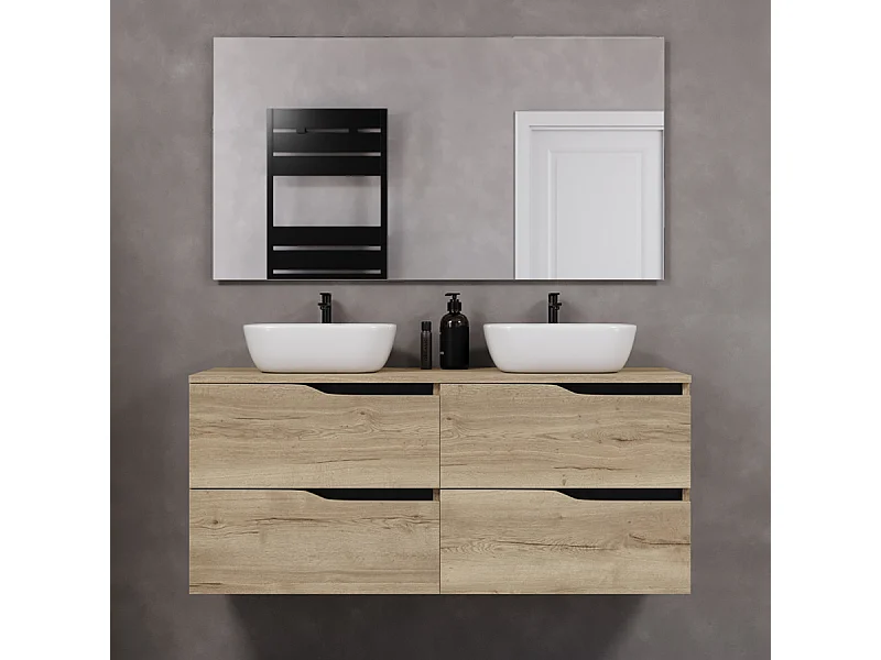 Meuble de salle de bain 120cm avec plateau et deux vasques à poser zeus - 4 tiroirs - madera miel (chêne clair) - LUNA