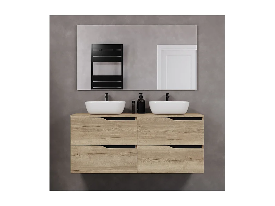 Meuble de salle de bain 120cm avec plateau et deux vasques à poser zeus - 4 tiroirs - madera miel (chêne clair) - LUNA