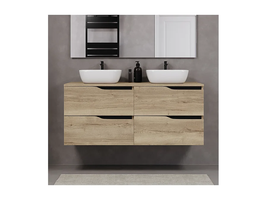 Meuble de salle de bain 120cm avec plateau et deux vasques à poser zeus - 4 tiroirs - madera miel (chêne clair) - LUNA
