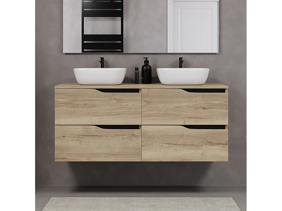 Meuble de salle de bain 120cm avec plateau et deux vasques à poser zeus - 4 tiroirs - madera miel (chêne clair) - LUNA