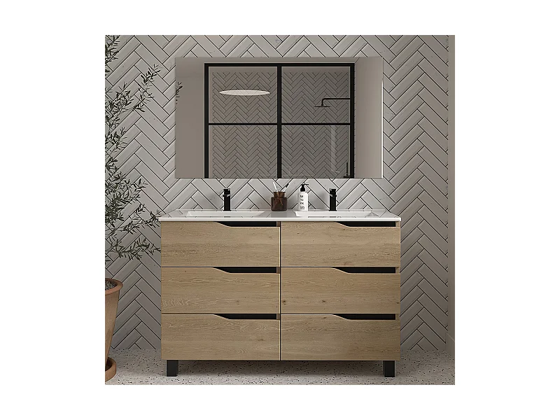 Meuble de salle de bain 120cm double vasque - 6 tiroirs - madera miel (bois clair) - MATA
