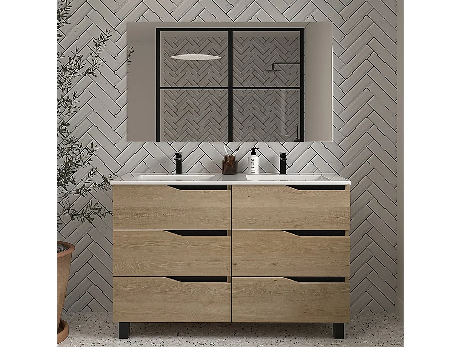 Meuble de salle de bain 120cm double vasque - 6 tiroirs - madera miel (bois clair) - MATA