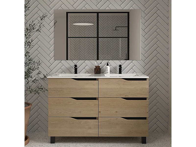 Meuble de salle de bain 120cm double vasque - 6 tiroirs - madera miel (bois clair) - MATA