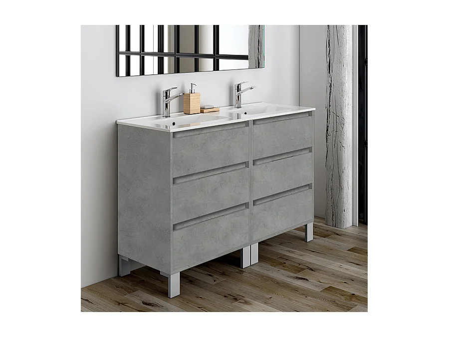 Meuble de salle de bain 120cm double vasque - 6 tiroirs - sans miroir - TIRIS 3C - ciment (gris)