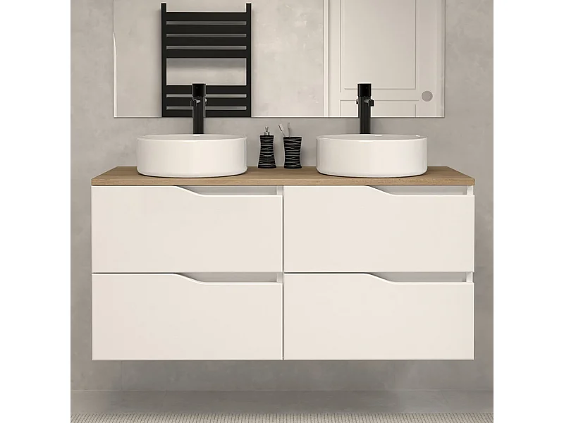 Meuble de salle de bain 120 avec plateau miel et vasque à poser - sans miroir - 4 tiroirs - blanc - LUNA