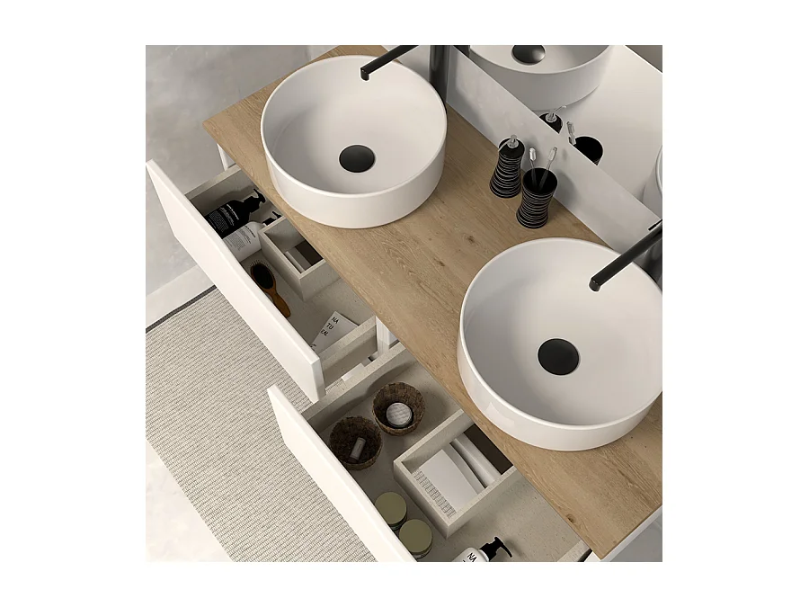 Meuble de salle de bain 120 avec plateau miel et vasque à poser - sans miroir - 4 tiroirs - blanc - LUNA