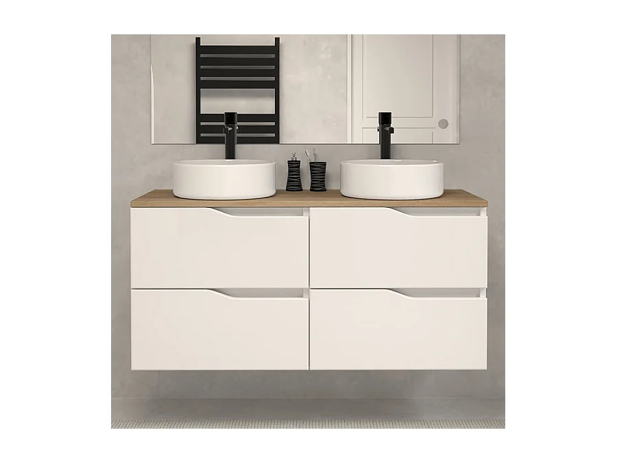 Meuble de salle de bain 120 avec plateau miel et vasque à poser - sans miroir - 4 tiroirs - blanc - LUNA