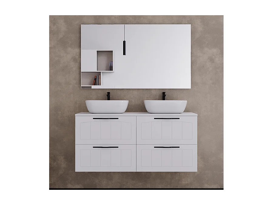 Meuble de salle de bain 120cm avec plateau et deux vasques à poser ovales - 4 tiroirs - blanc - PIA