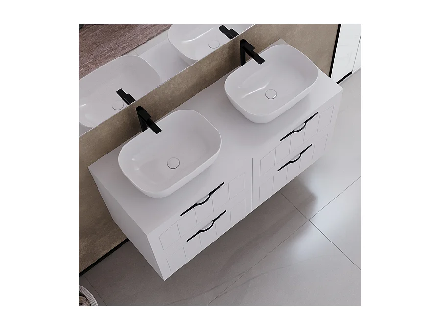 Meuble de salle de bain 120cm avec plateau et deux vasques à poser ovales - 4 tiroirs - blanc - PIA