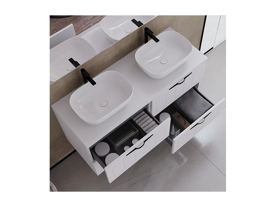 Meuble de salle de bain 120cm avec plateau et deux vasques à poser ovales - 4 tiroirs - blanc - PIA