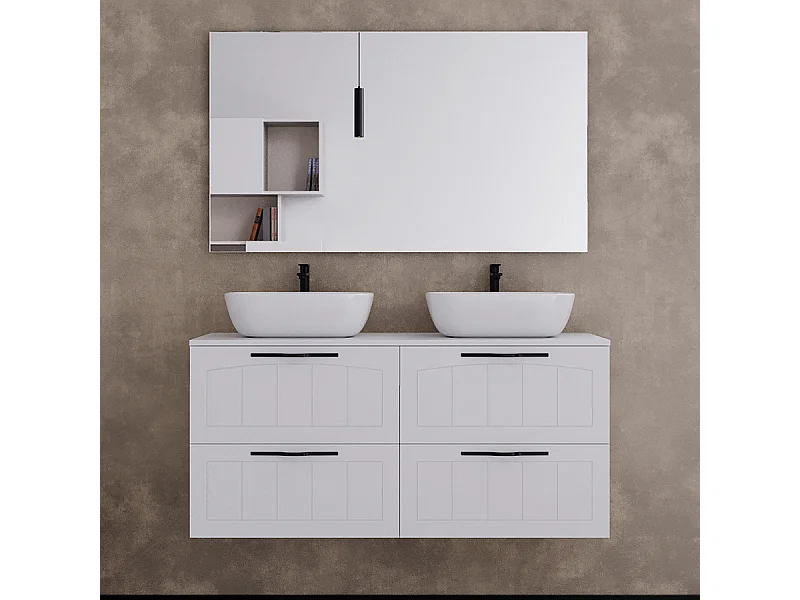 Meuble de salle de bain 120cm avec plateau et deux vasques à poser ovales - 4 tiroirs - blanc - PIA