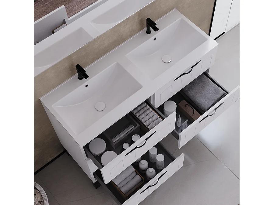 Meuble de salle de bain 140cm double vasque - 6 tiroirs - sans miroir - blanc - CALA
