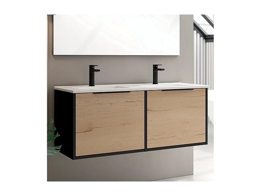 Meuble de salle de bain 120cm double vasque - 2 façades et 4 tiroirs - sans miroir - ALBA - noir/roble