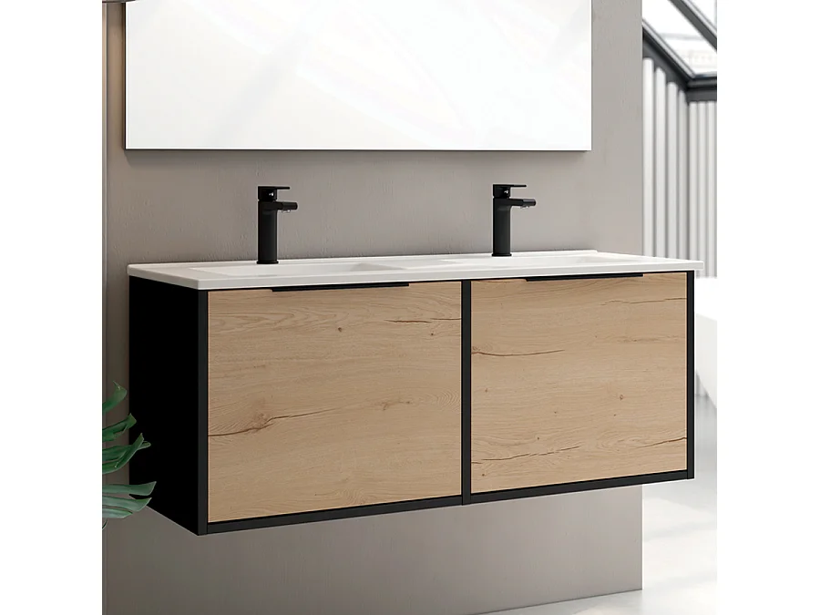 Meuble de salle de bain 120cm double vasque - 2 façades et 4 tiroirs - sans miroir - ALBA - noir/roble