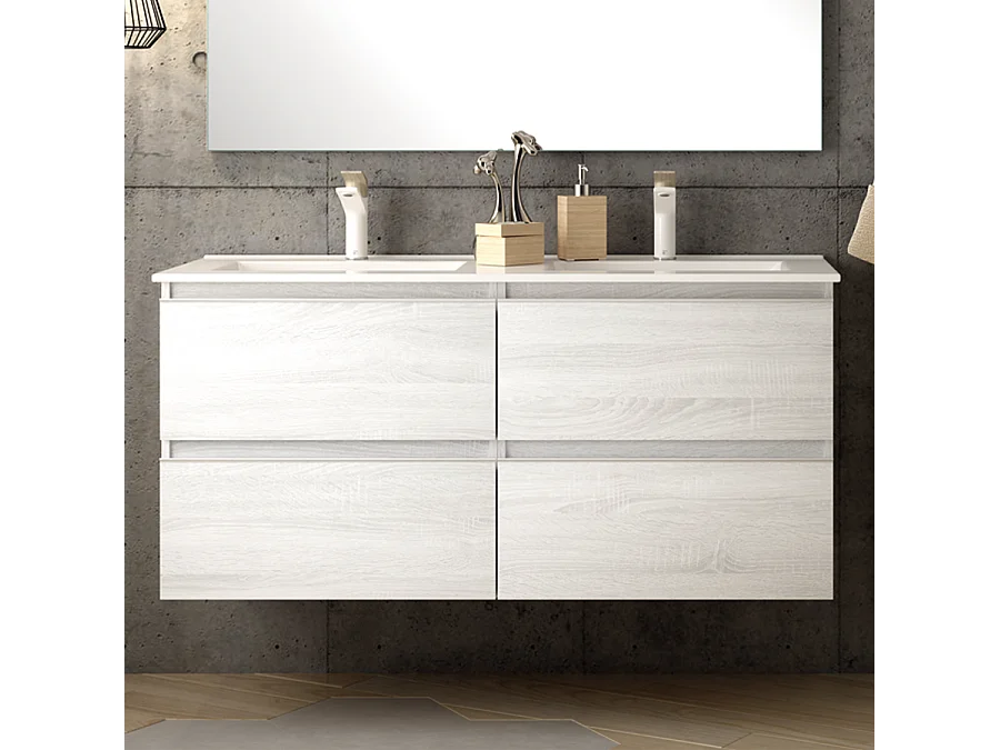 Meuble de salle de bain 120cm double vasque - 4 tiroirs - BALEA - hibernian (bois blanchi)