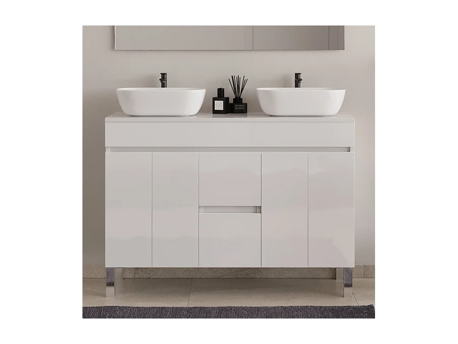 Meuble de salle de bain 120cm sur pieds avec plateau et deux cuves à poser arrondies - sans miroir - portes et tiroirs - blanc - HARO