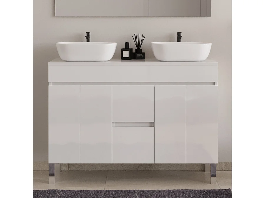 Meuble de salle de bain 120cm sur pieds avec plateau et deux cuves à poser arrondies - sans miroir - portes et tiroirs - blanc - HARO