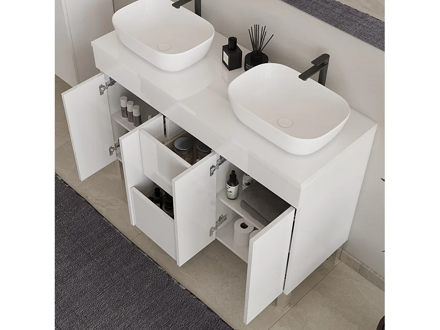 Meuble de salle de bain 120cm sur pieds avec plateau et deux cuves à poser arrondies - sans miroir - portes et tiroirs - blanc - HARO