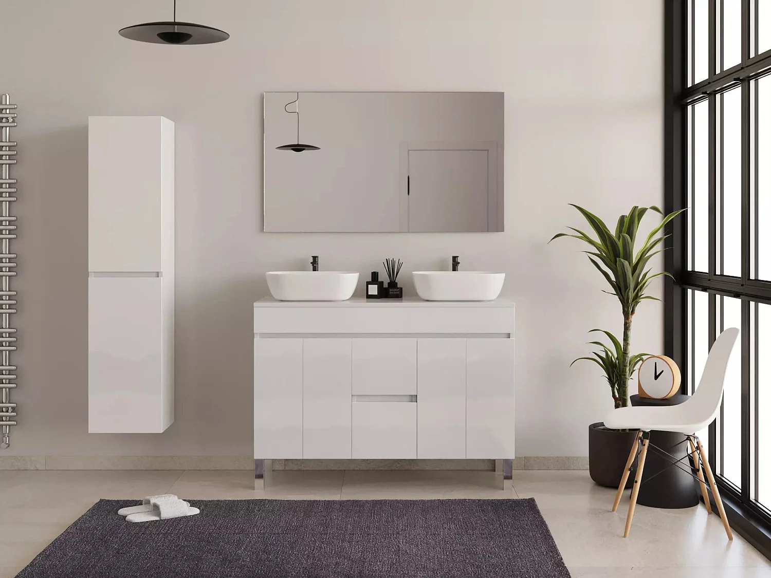 Meuble de salle de bain 120cm sur pieds avec plateau et deux cuves à poser arrondies - sans miroir - portes et tiroirs - blanc - HARO