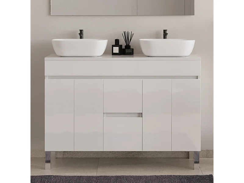 Meuble de salle de bain 120cm sur pieds avec plateau et deux cuves à poser arrondies - sans miroir - portes et tiroirs - blanc - HARO