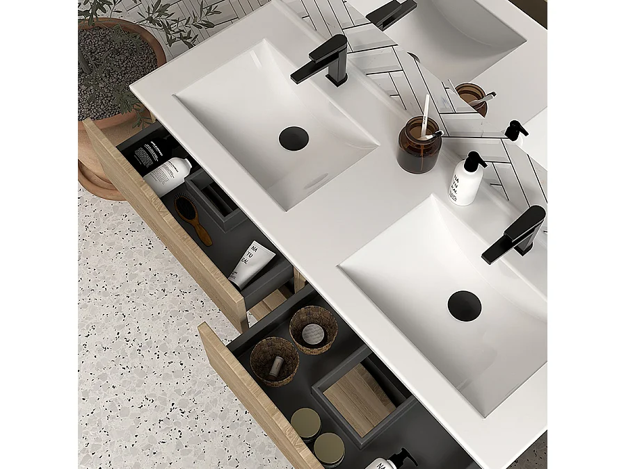 Meuble de salle de bain 140cm double vasque - 6 tiroirs - sans miroir - madera miel (bois clair) - MATA