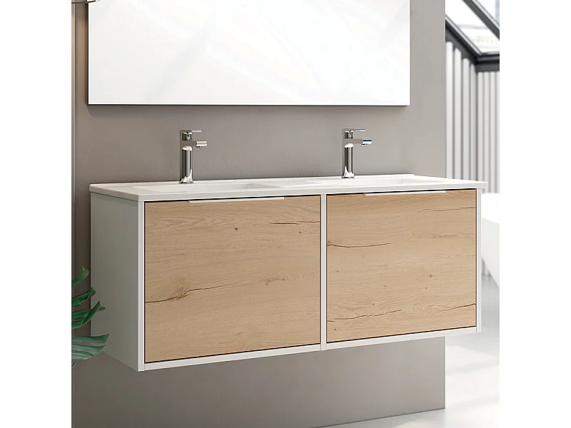 Meuble de salle de bain 120cm double vasque - 2 façades et 4 tiroirs - sans miroir - ALBA - blanc/roble