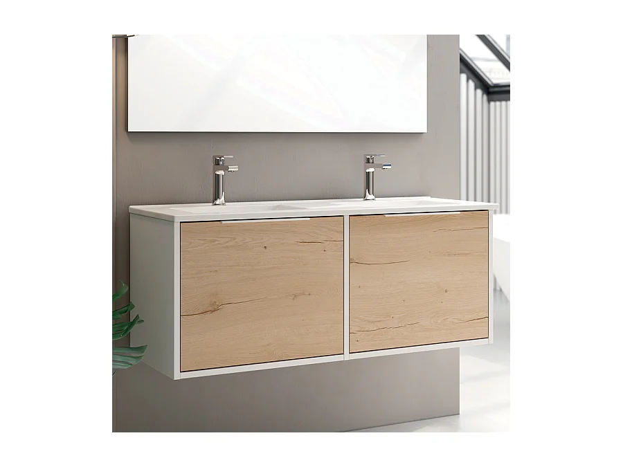 Meuble de salle de bain 120cm double vasque - 2 façades et 4 tiroirs - sans miroir - ALBA - blanc/roble