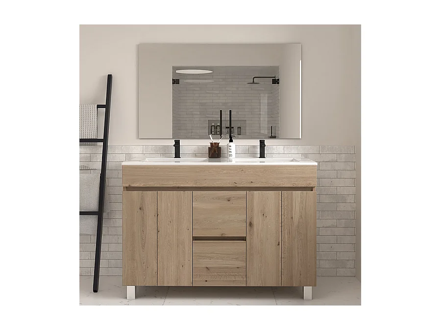 Meuble de salle de bain 120cm double vasque sur pieds avec portes et tiroirs - cambrian (chêne clair) - HARO