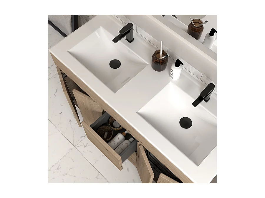 Meuble de salle de bain 120cm double vasque sur pieds avec portes et tiroirs - cambrian (chêne clair) - HARO