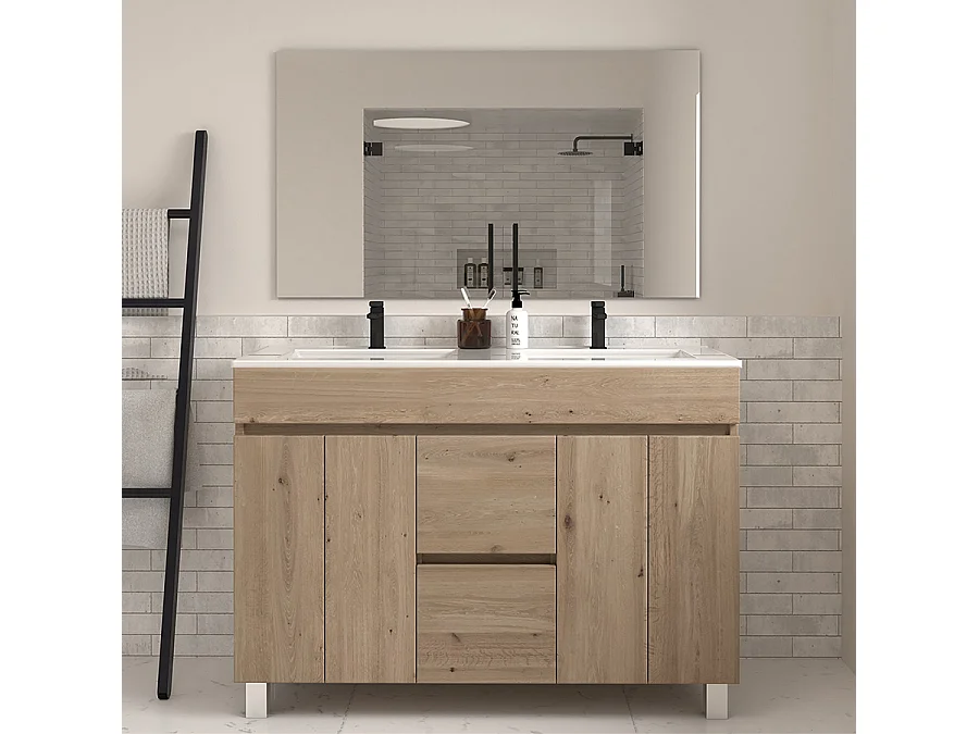 Meuble de salle de bain 120cm double vasque sur pieds avec portes et tiroirs - cambrian (chêne clair) - HARO