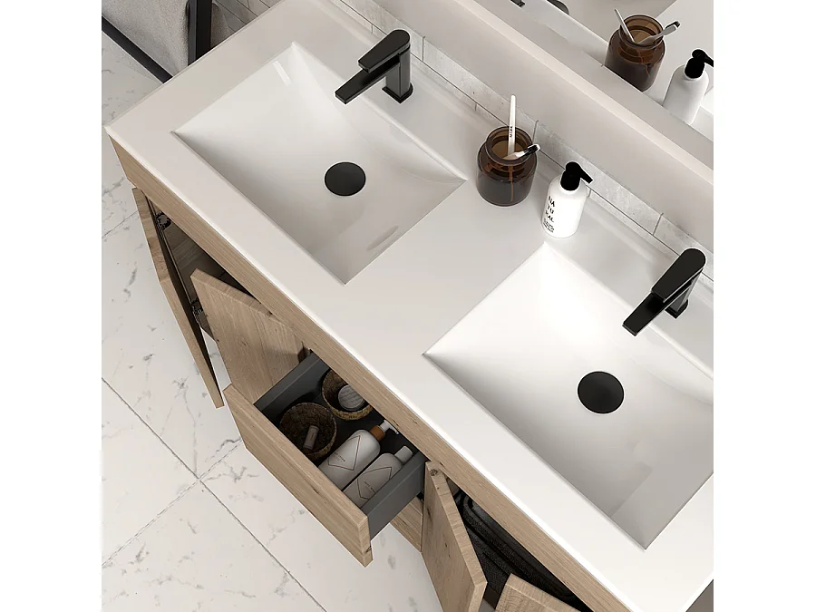 Meuble de salle de bain 120cm double vasque sur pieds avec portes et tiroirs - cambrian (chêne clair) - HARO