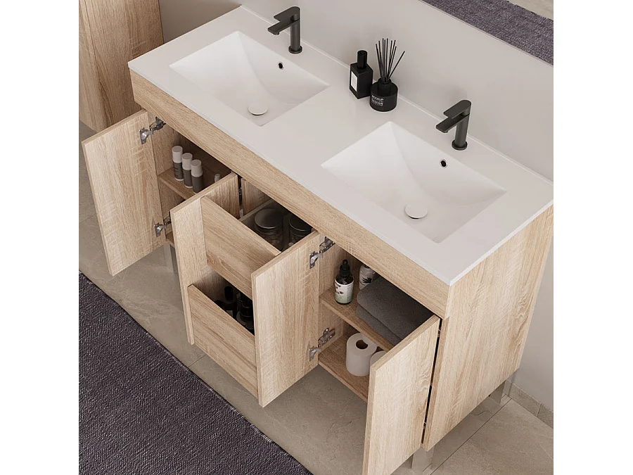 Meuble de salle de bain 120cm double vasque sur pieds avec portes et tiroirs - cambrian (chêne clair) - HARO