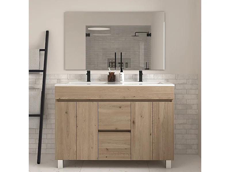 Meuble de salle de bain 120cm double vasque sur pieds avec portes et tiroirs - cambrian (chêne clair) - HARO