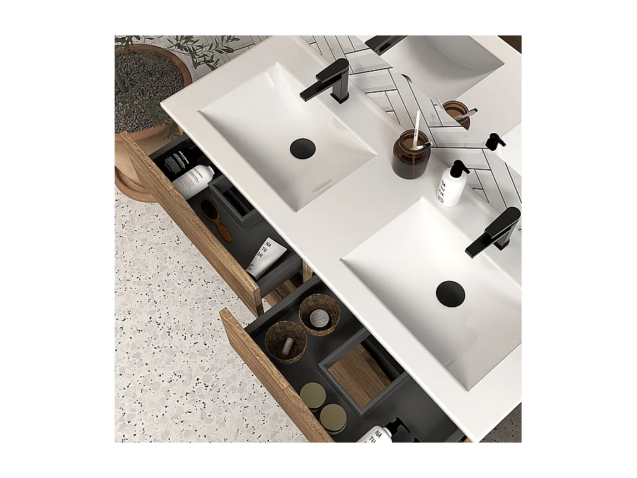Meuble de salle de bain 140cm double vasque - 6 tiroirs - sans miroir - tabaco (bois foncé) - MATA