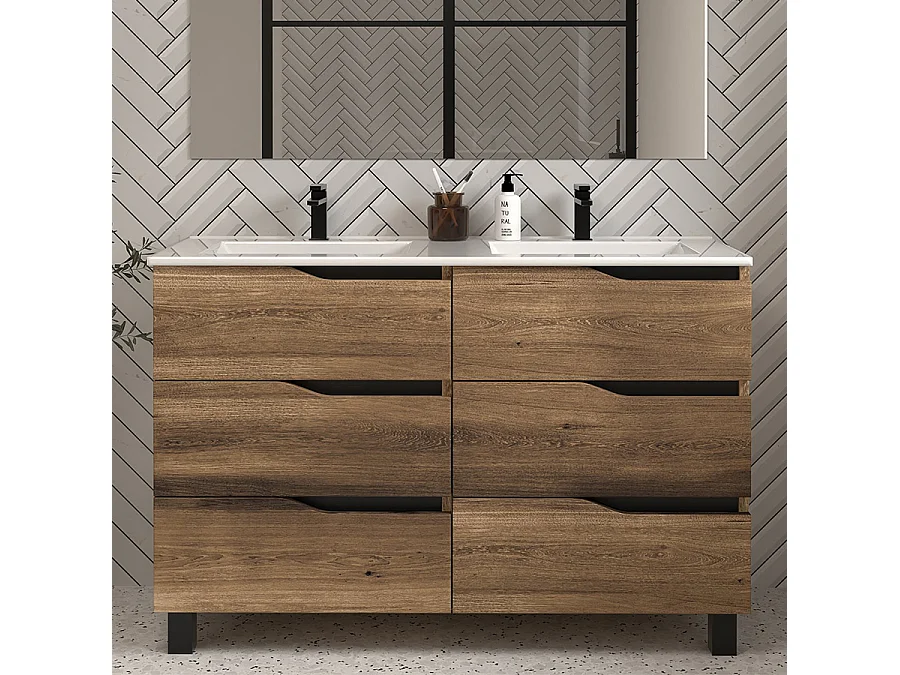Meuble de salle de bain 140cm double vasque - 6 tiroirs - sans miroir - tabaco (bois foncé) - MATA