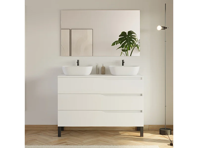 Meuble de salle de bain 120cm avec plateau et 2 vasques à poser Zeus - 3 tiroirs - blanc - MATA