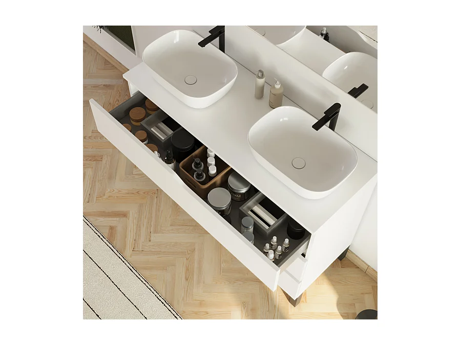 Meuble de salle de bain 120cm avec plateau et 2 vasques à poser Zeus - 3 tiroirs - blanc - MATA