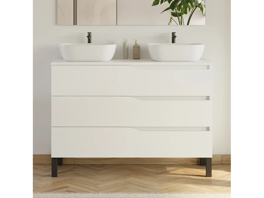 Meuble de salle de bain 120cm avec plateau et 2 vasques à poser Zeus - 3 tiroirs - blanc - MATA